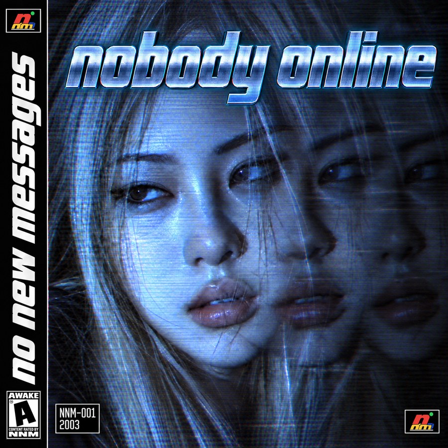 nobody online — album cover: a woman lit by a CRT, chrome title, NNM-001 spine